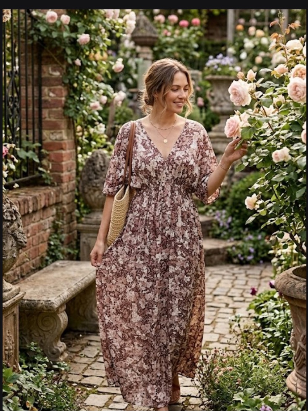 World Market Brown and Cream Floral Maxi Dress